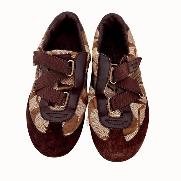 Coach Brown Monogram Canvas & Suede Kyrie Velcro Strap Sneakers Size 7 - Picture 6 of 11